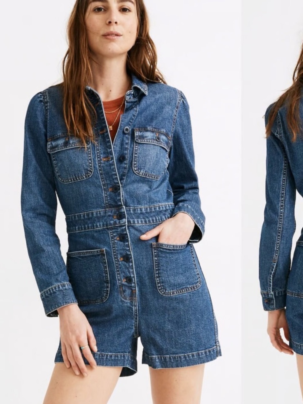 Madewell Denim Long-Sleeve Romper in Vasey Wash Size 10